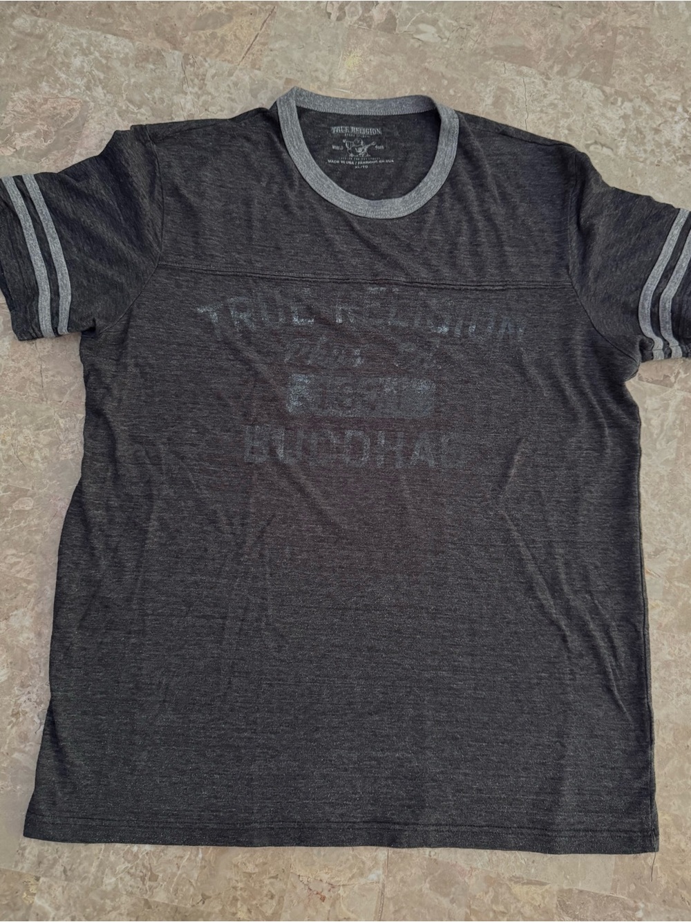 True Religion Vintage Men’s XL Charcoal Heather Graphic Ringer T-Shirt